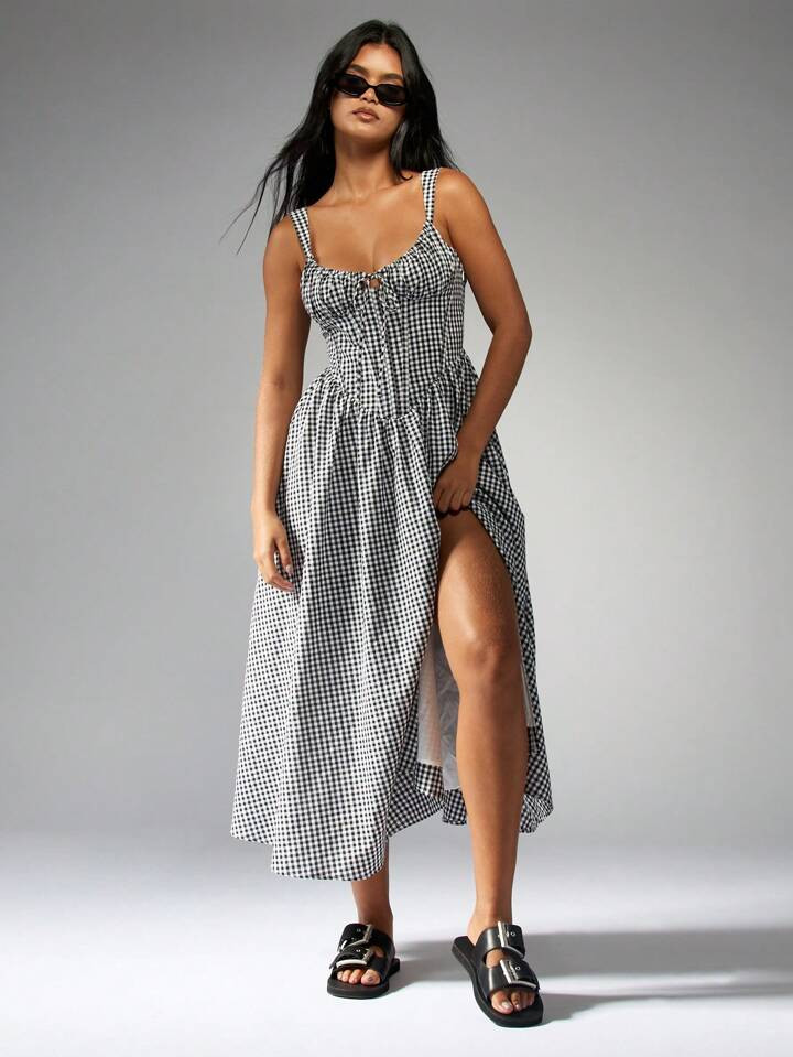 MISSGUIDED Cottagecore Gingham Check Summer Midi Dress Corset Detail Full Skirt Side Split Smocked Bodice Picnic Sundress Fit And Flare Garden Party Wedding Guest | SHEIN