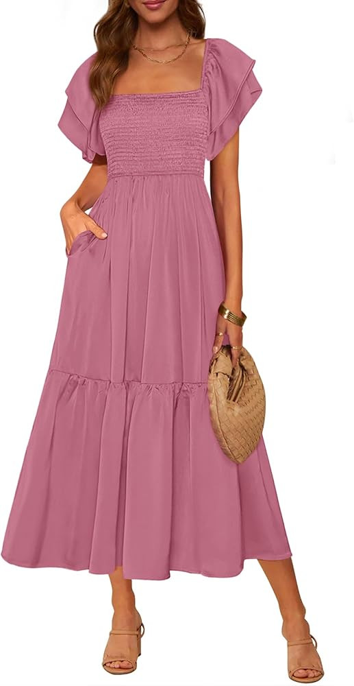 MASCOMODA Womens Summer Casual Midi Dress Square Neck Ruffle Short Sleeve Smocked High Waist A Li... | Amazon (US)
