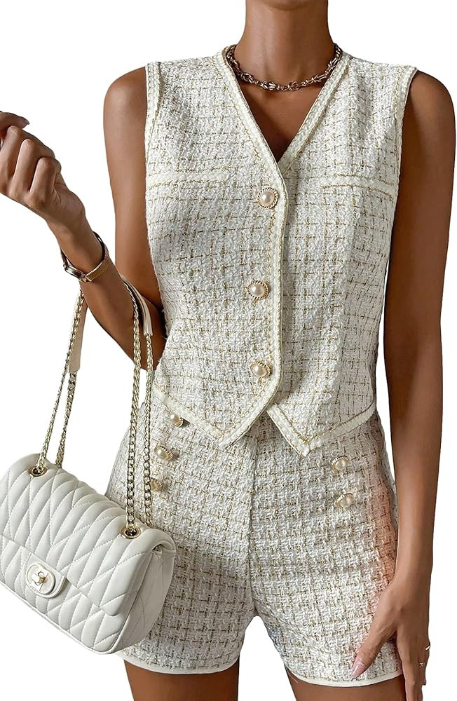 Milumia Women's 2 Piece Outfits Plaid Button Up Vest Blazer and Shorts Matching Sets | Amazon (US)