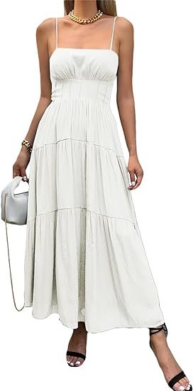 AlvaQ Women Summer Spaghetti Strap Smocked Maxi Dress Sleeveless High Waist Casual A Line Ruffle ... | Amazon (US)