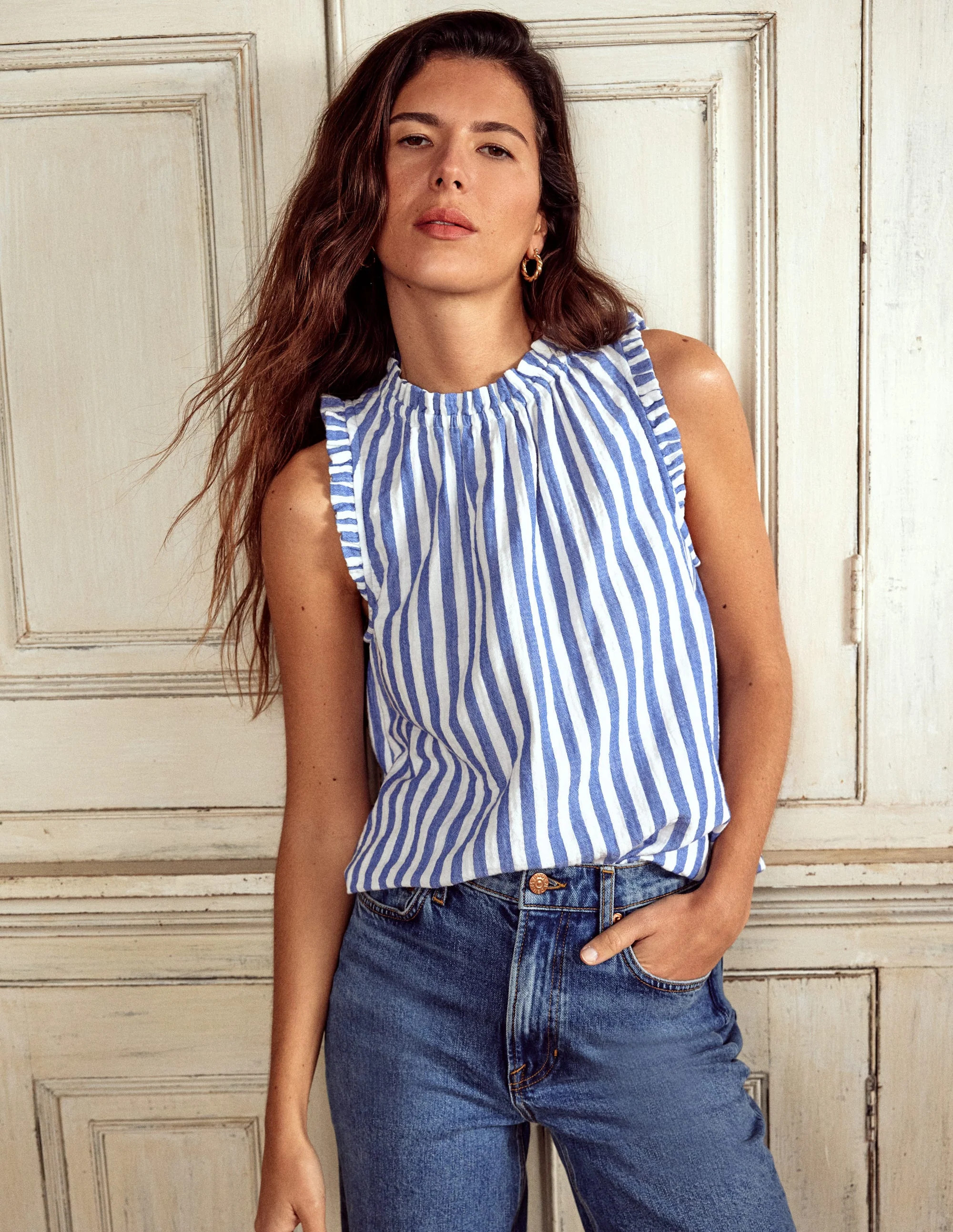 Sophie Ruffle Double Cloth Top-Bright Blue Stripe | Boden UK