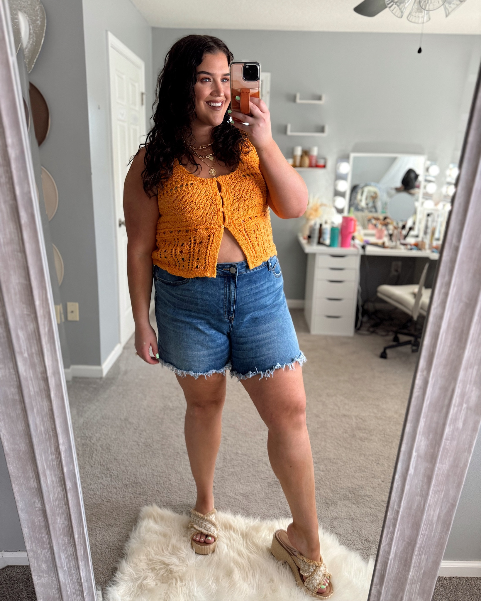 Casual Summer outfit 🧡 Crochet top on sale! Wearing a size XL + 18 in denim shorts 

#LTKMidsize #LTKStyleTip #LTKSaleAlert