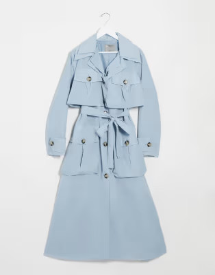 ASOS DESIGN layered utility taffeta trench coat in baby blue | ASOS (Global)