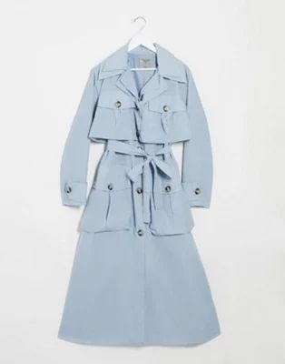 ASOS DESIGN layered utility taffeta trench coat in baby blue | ASOS (Global)