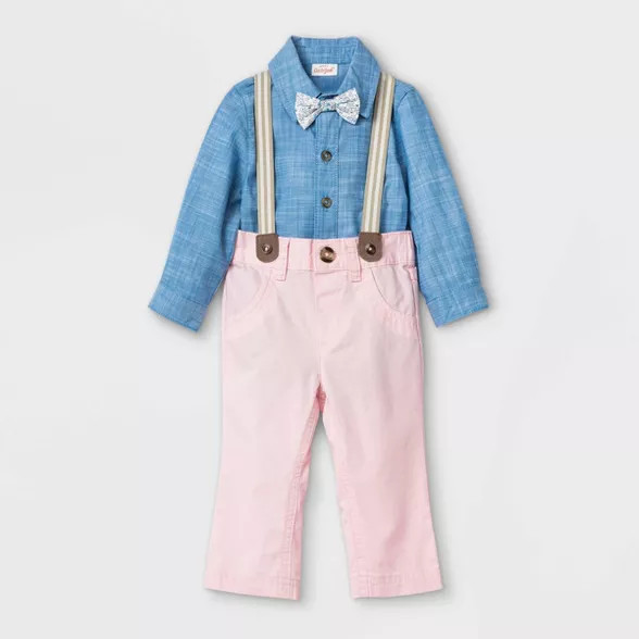 Baby Boys' Chambray Suspender Top & Bottom Set with Bowtie - Cat & Jack™ Pink | Target