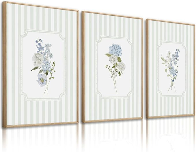 Amazon.com: Blue Hydrangea Wall Art Floral Canvas Prints Sage Green Striped Wall Decor Botanical ... | Amazon (US)