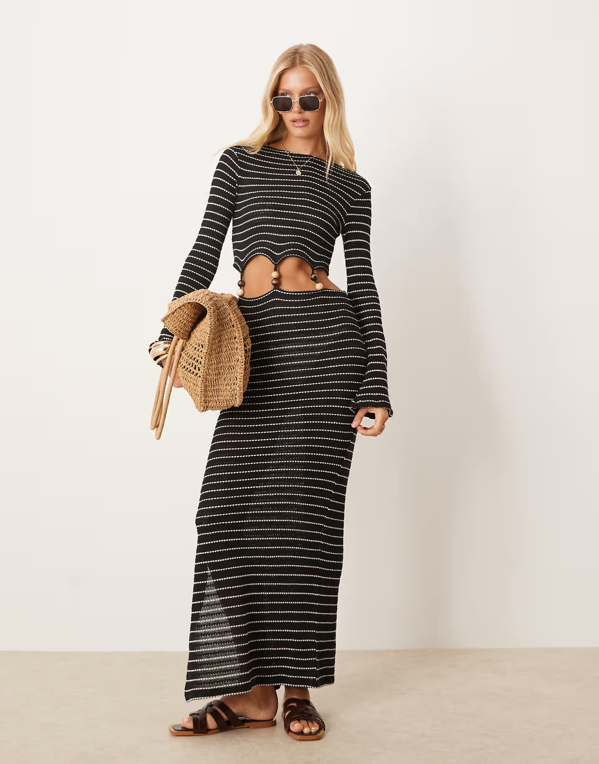 ASOS DESIGN - Robe longue à manches longues en crochet à rayures et découpe avec perles | ASOS | ASOS (Global)