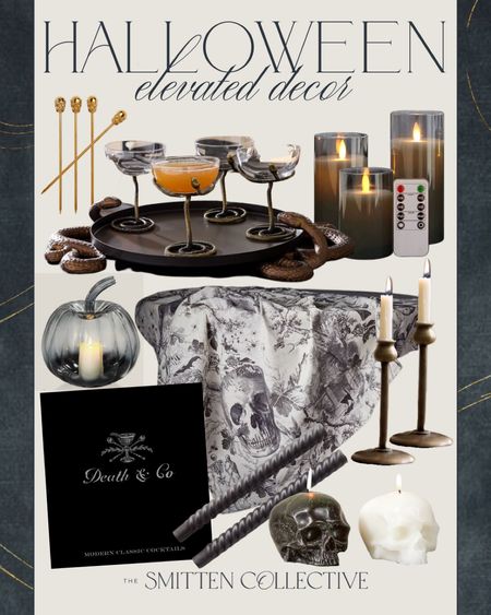 Halloween decor includes snake tray, snake cocktail glasses, black candles, black candlesticks, candle stick holders, skull candles, coffee table book, glass pumpkin, and gold skull cocktail stirrers. 

Halloween decor, elevated Halloween decor, Halloween accents, Halloween party

#LTKhome #LTKstyletip #LTKHalloween