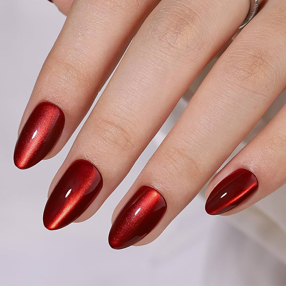 Red Magnet Cat Eyes Press on Nails Short Almond, Aurora Mirror Chrome Red Soft Gel Stick on Nails... | Amazon (US)