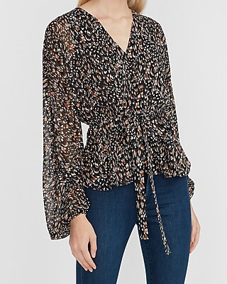 Metallic Printed Tie Back Balloon Sleeve Top | Express