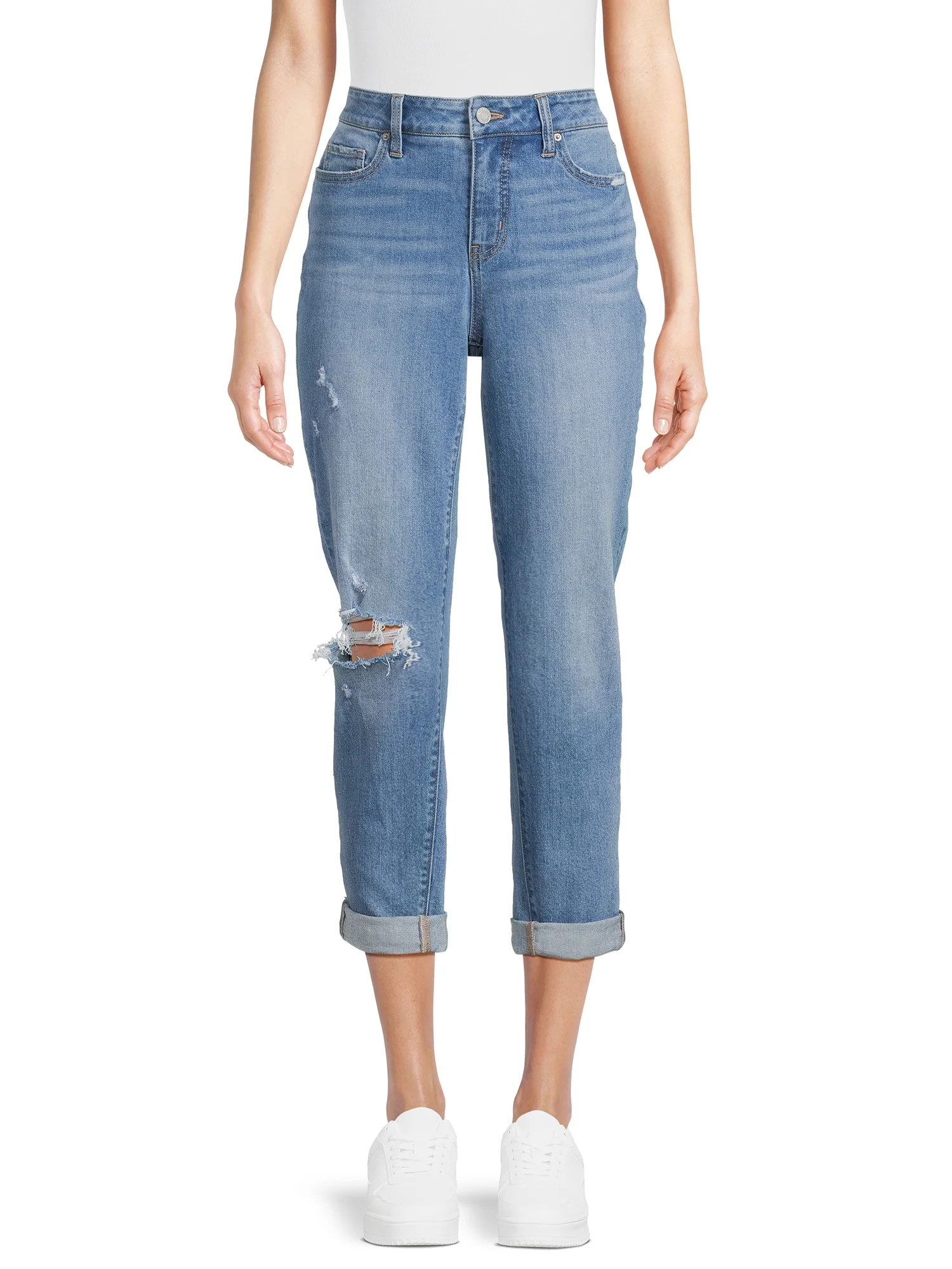 Time and Tru Women's High Rise Distressed Cuffed Crop Jeans, 26" Inseam , Sizes 2-20 | Walmart (US)