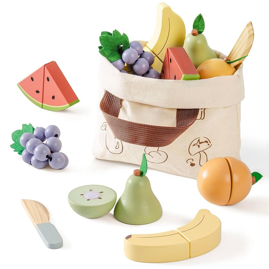 ROBOTIME Wooden Play Food Cutting Fruit Set, Pretend Play Toy Food for Play Kitchen with Shopping... | Amazon (US)