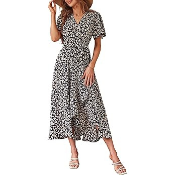PRETTYGARDEN Women's Summer Floral Boho Maxi Dress Short Sleeve Wrap V Neck Ruffle Long Flowy Bea... | Amazon (US)