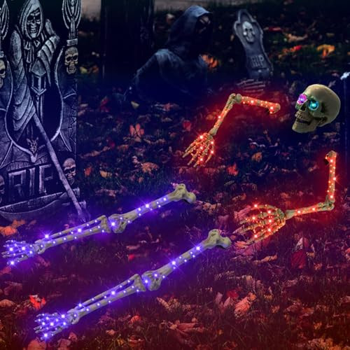 Halloween Skeleton Yard Decoration，Realistic Halloween Graveyard Garden Outdoor Decorations，LED Lighted Skull & 2 Arms Stakes & 2 Legs Bone Yard Decor (Red, Purple) | Amazon (US)