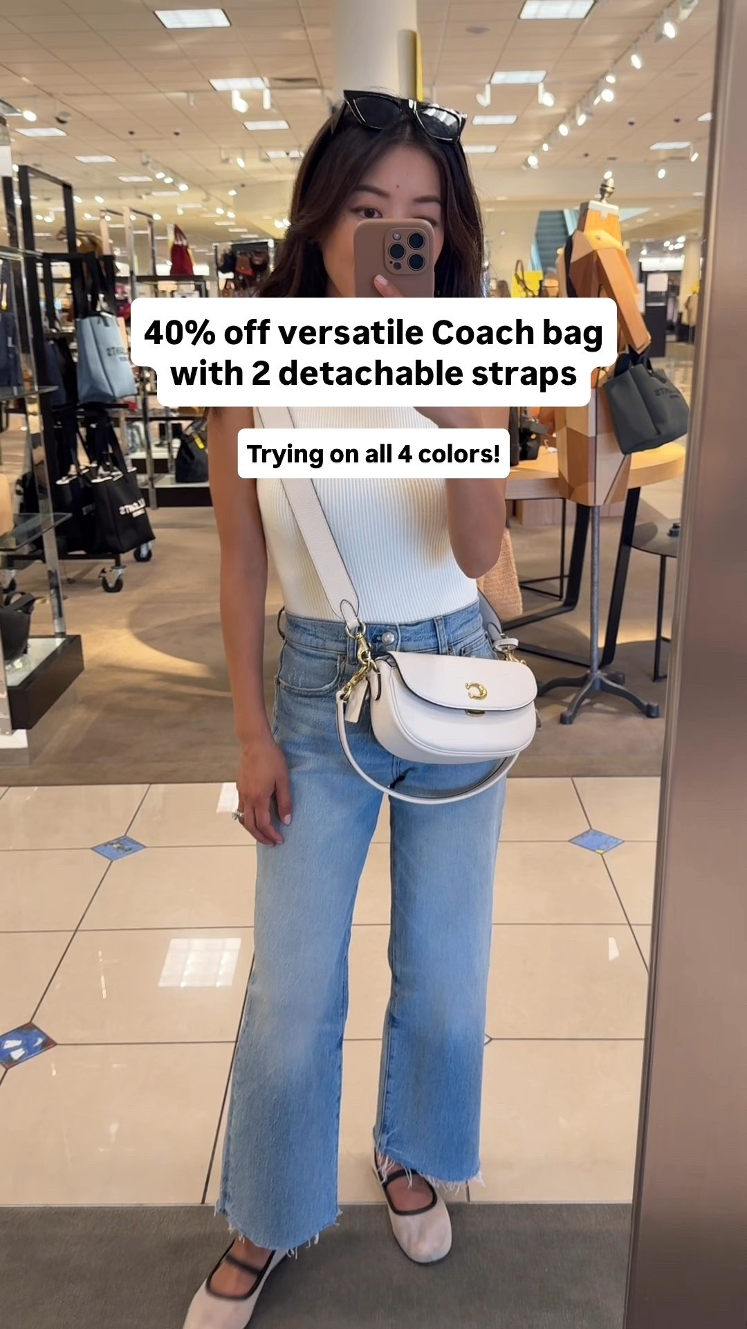 Didn’t even get to show the inside and pockets because this is one very well designed and thought-out handbag!

Straps can be worn several ways on this Coach bag.

Good capacity with a slot pocket on the back that fits your phone for easy access. Divider and zip pocket on inside. Roomy inside for a mini bag and I love that it still stands up flat when you use it as a clutch due to the flat base 

Comes in burgundy, black, tan, or cream pebbled leather and both straps are detachable!

• Madewell jeans 24 petite
• Madewell flats 5.5 / 5H

Old AF rib tank linked very similar 
Nordstorm Anniversary Sale , NSale, Coach purse #nsale 

#LTKSaleAlert #LTKPetite #LTKItBag