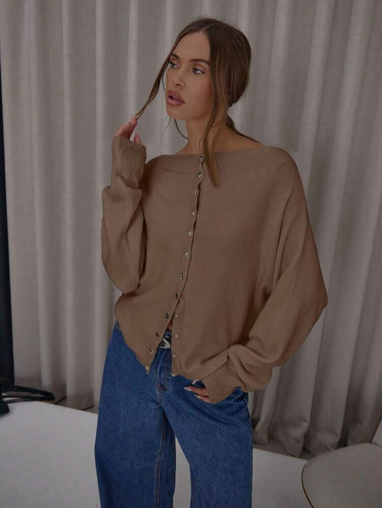 MUSERA Round Neck Baggy Batwing Popper Front Knit Top Cute Classy Sexy Streetwear Fall Autumn Night Out Evening Party Elegant New Year | SHEIN