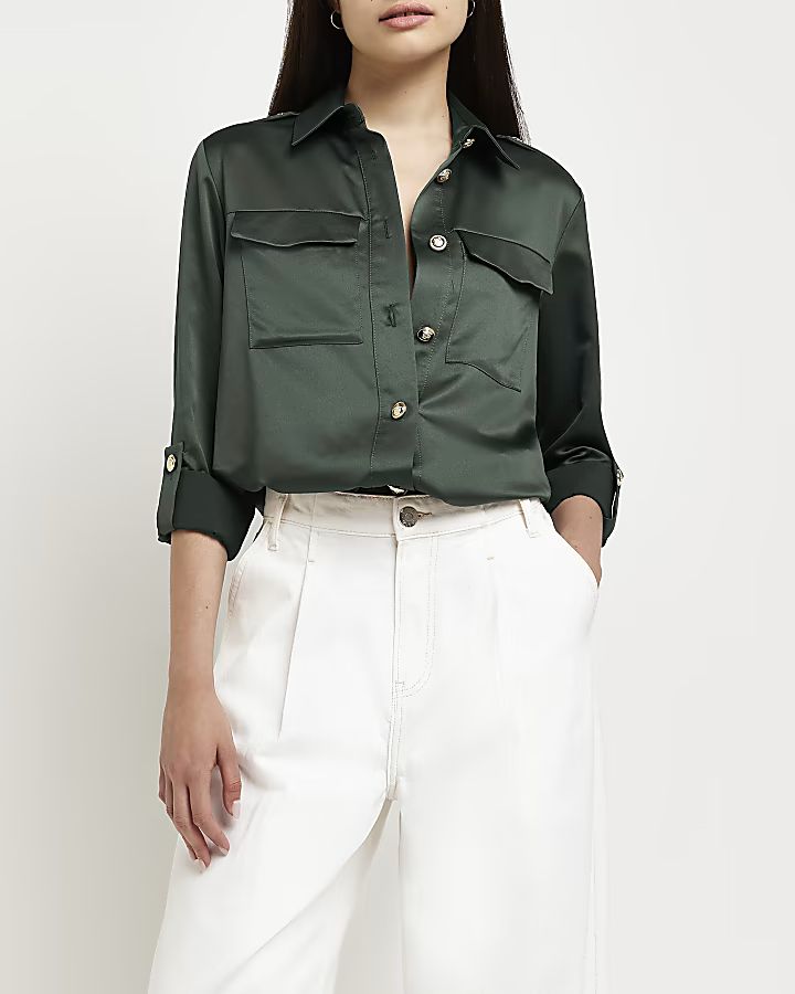 Green satin utility shirt | River Island (UK & IE)