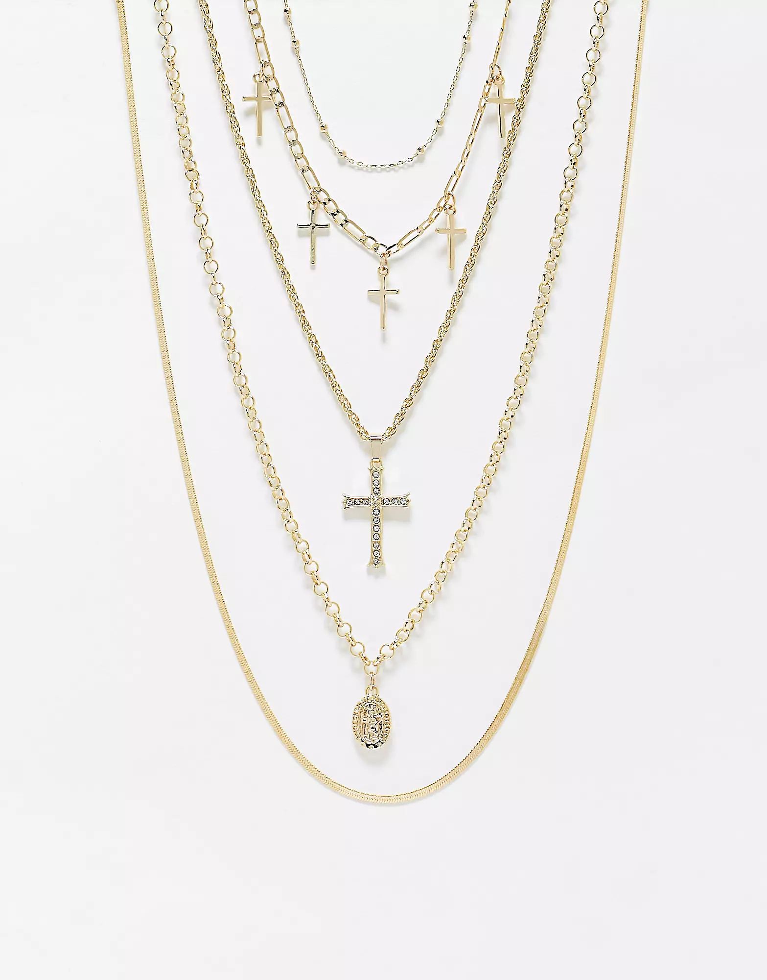 ASOS DESIGN pack of 5 necklaces with mixed chain and cross design in gold tone | ASOS (Global)