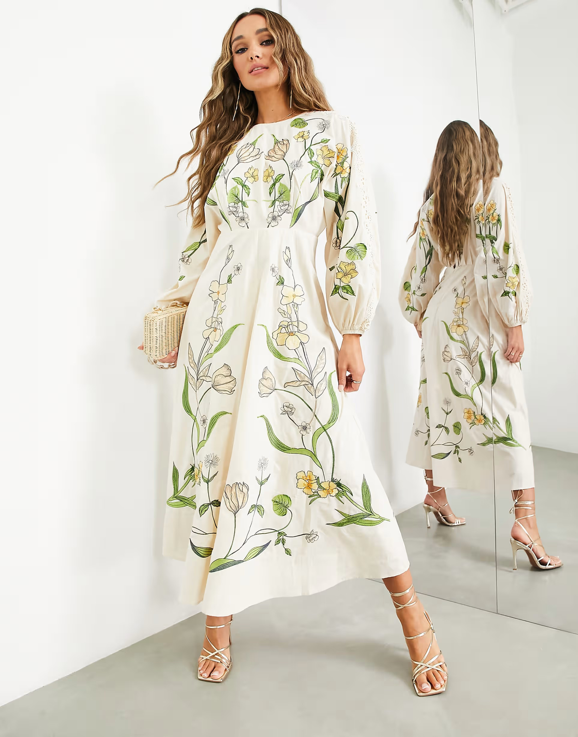 ASOS EDITION large scale floral and leaf embroidered midi dress in cream | ASOS (Global)