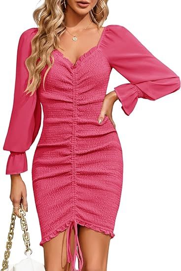 Febriajuce Women Ruched Dress Off Shoulder Bodycon Smocked Summer Dresses Long Sleeve Holiday Min... | Amazon (US)