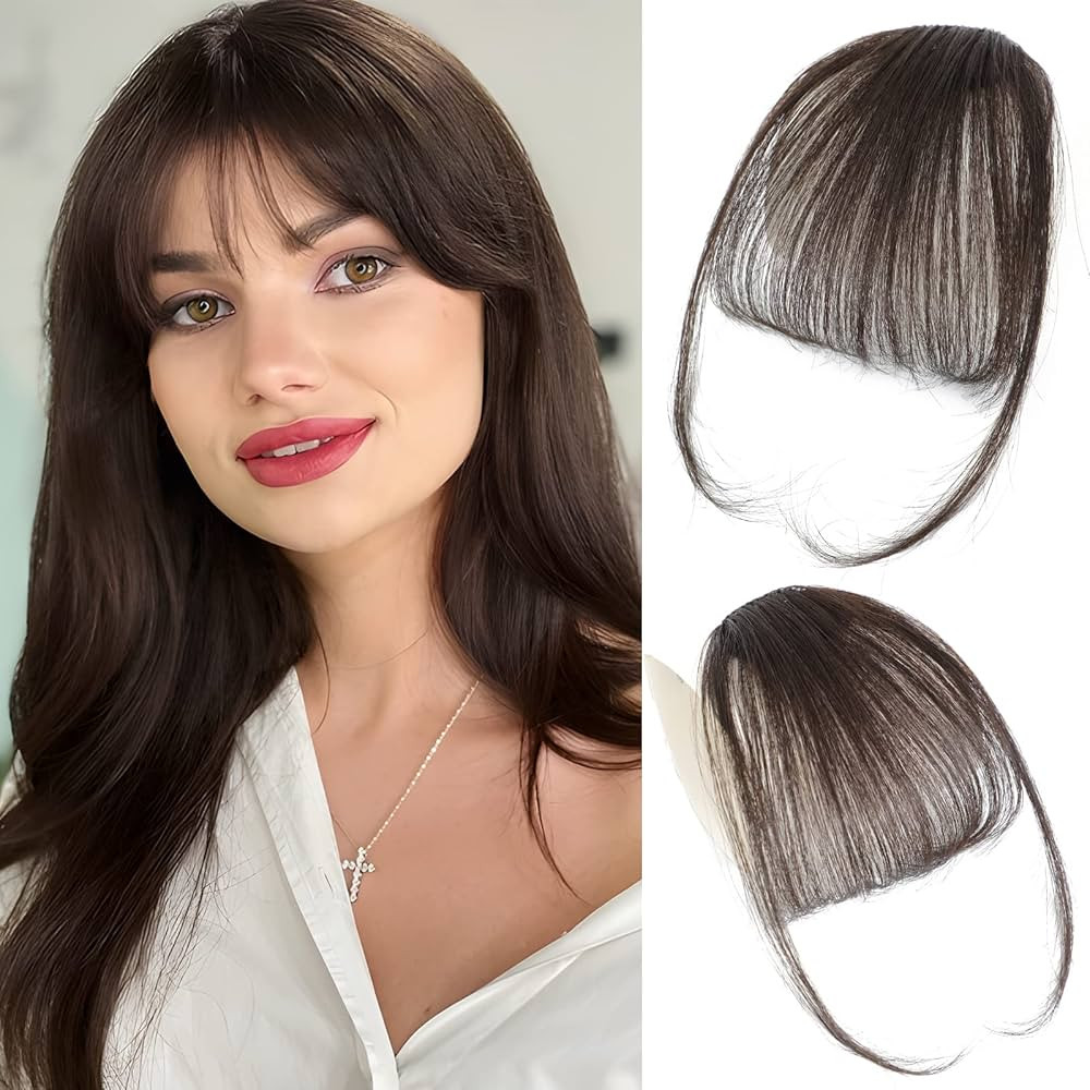 WECAN Clip in Bangs 100% Human Hair Extensions Bangs Hair Clip Dark Brown Fringe with Temples Wig... | Amazon (US)
