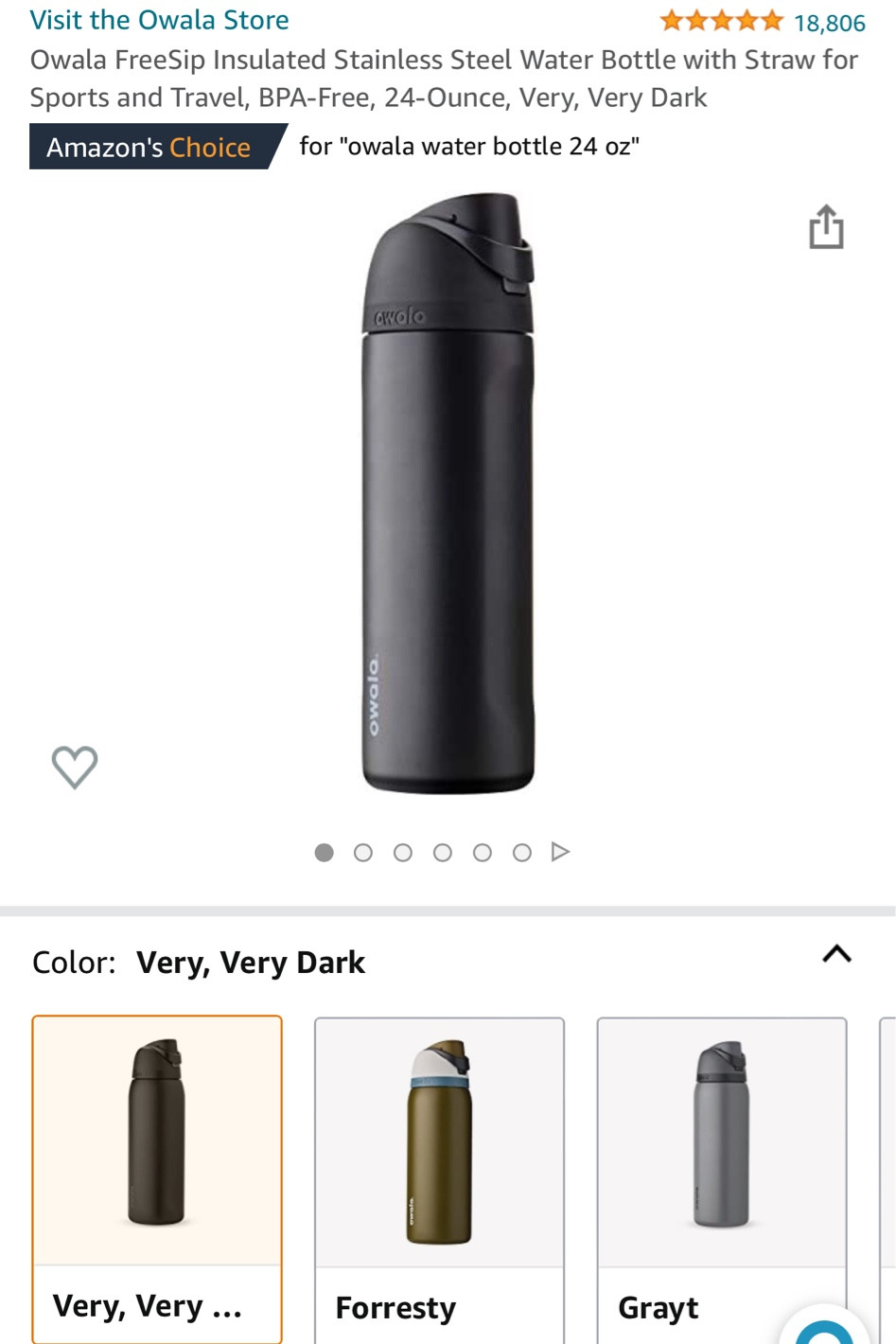 Owala FreeSip Stainless Steel Water Bottle - Very Very Dark Black