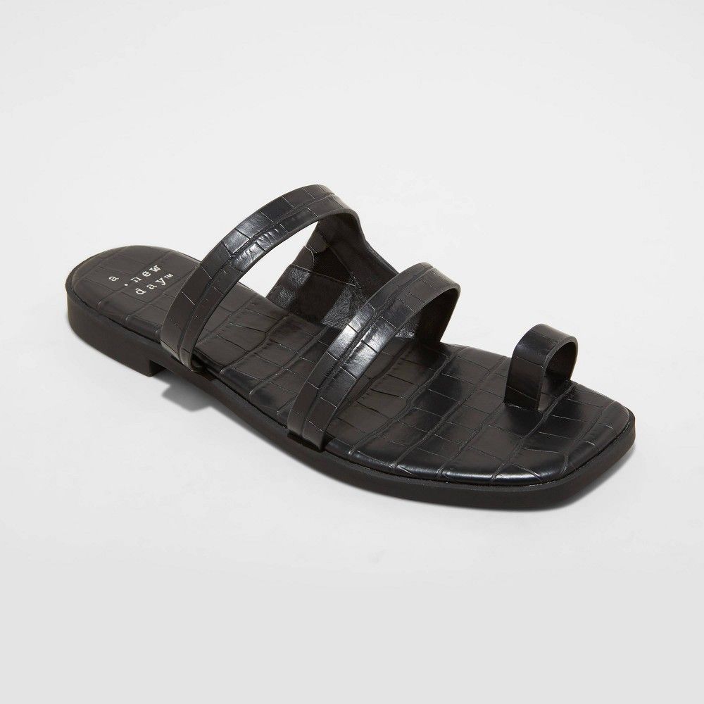 Women's Marilyn Crocodile Print Toe Loop Slide Sandals - A New Day Black 11 | Target