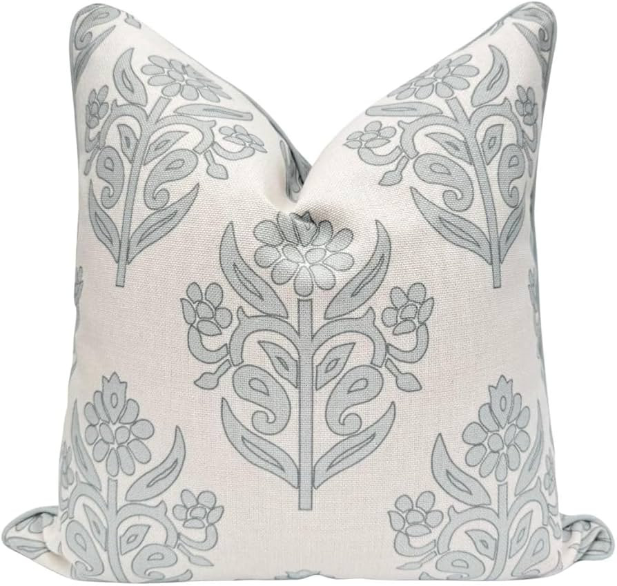 “The Naples” Floral Block Print Pillow Cover – Soft Grey and Off-White Decorative Throw Pil... | Amazon (US)