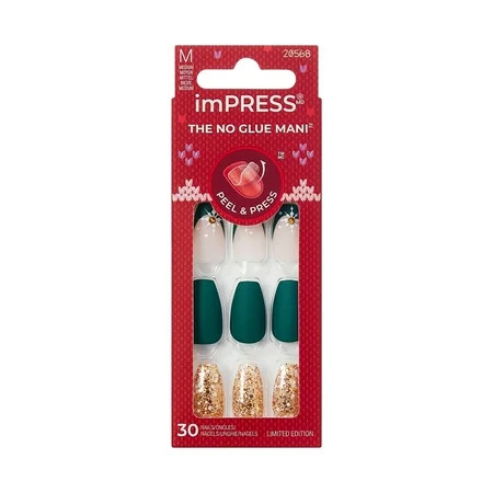 KISS imPRESS Holiday Press On Nails, ‘The Gift’, Green, Medium Coffin, 30 Count | Walmart (US)