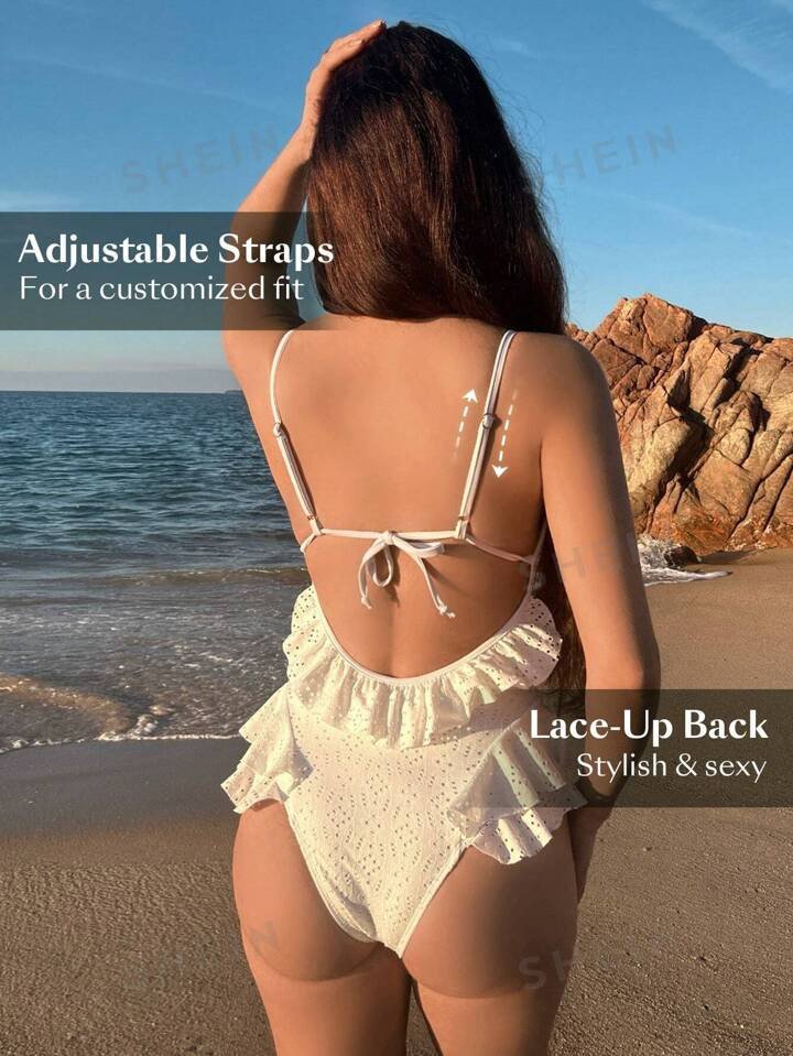 SHEIN Swim Chicsea Summer Beach Ruffle Trimmed Cutout One-Piece Swimsuit With Embroidered Edge De... | SHEIN