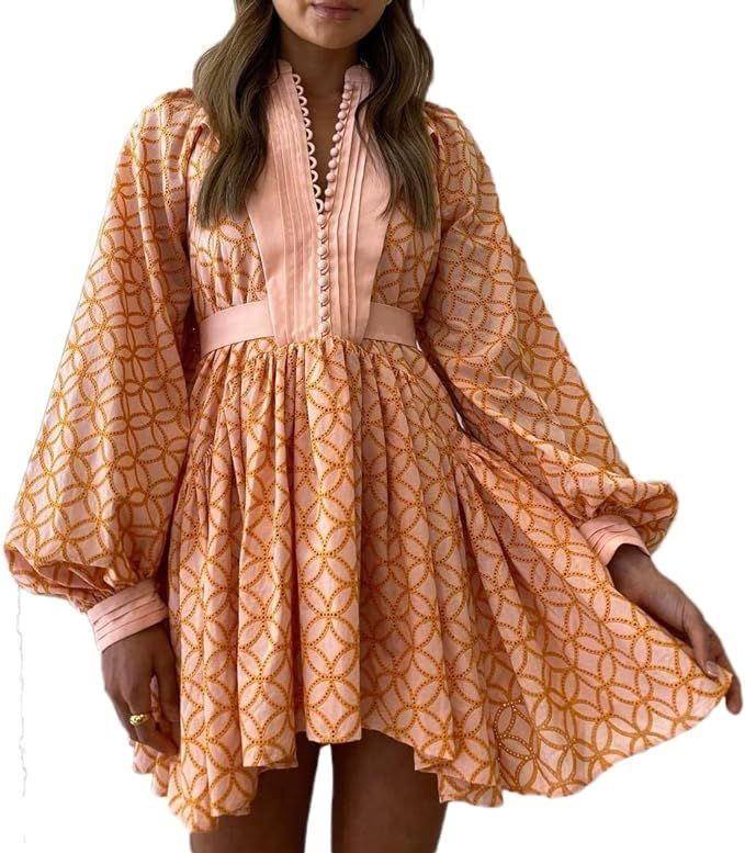 tiptupu Women's Bohemian Floral Print Long Lantern Sleeve Shift Tunic Dress Casual Ruffle Swing M... | Amazon (US)
