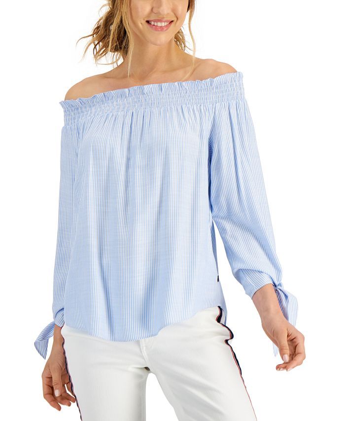 Tommy Hilfiger Tie-Cuff Off-The-Shoulder Top & Reviews - Tops - Women - Macy's | Macys (US)