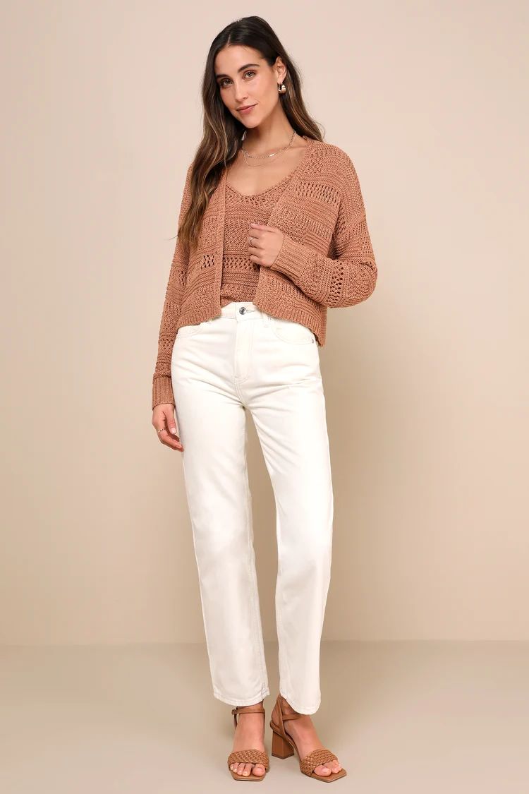 Two Sweet Light Brown Pointelle Knit Top and Cardigan Set | Lulus