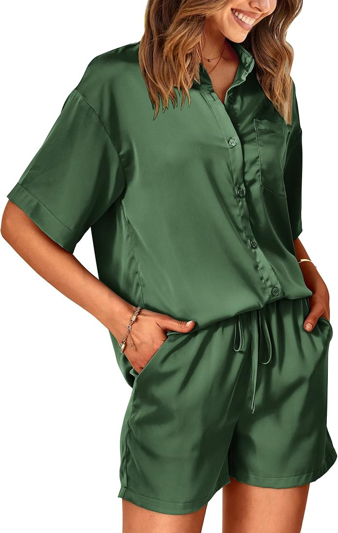 PRETTYGARDEN Women's 2 Piece Satin Pajama Sets Short Sleeve Button Down Tops And Shorts Set 2023 ... | Amazon (US)