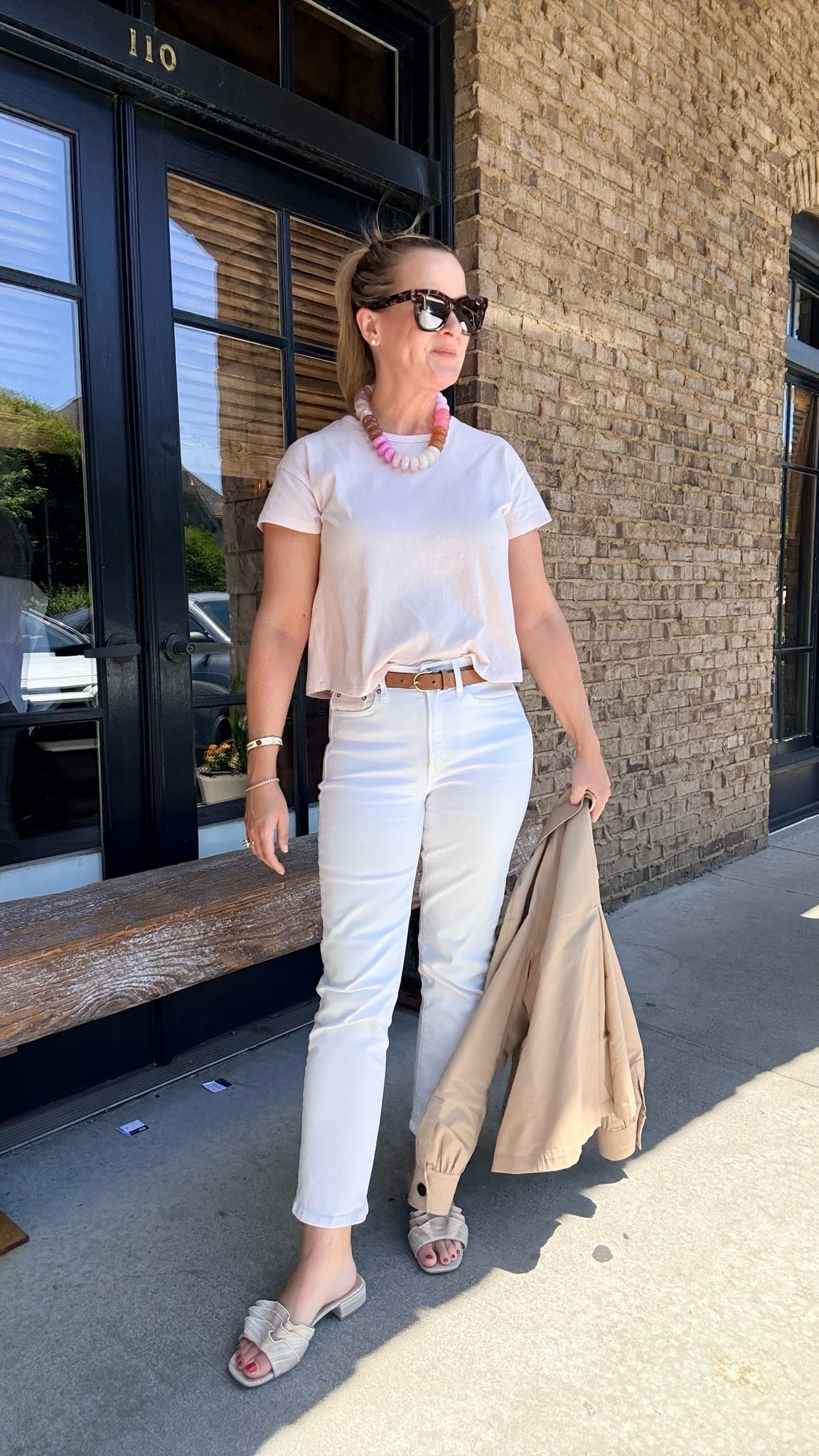Spring outfit idea for smart casual workwear for the office! 

Work wear, smart casual outfits, white jeans, pink tops, pink T-shirts, tortoise sunglasses, summer outfits, spring outfits 2026, cute outfits for spring, spring jackets, date night outfit, preppy outfits

#LTKootd #LTKOver40 #LTKWorkwear