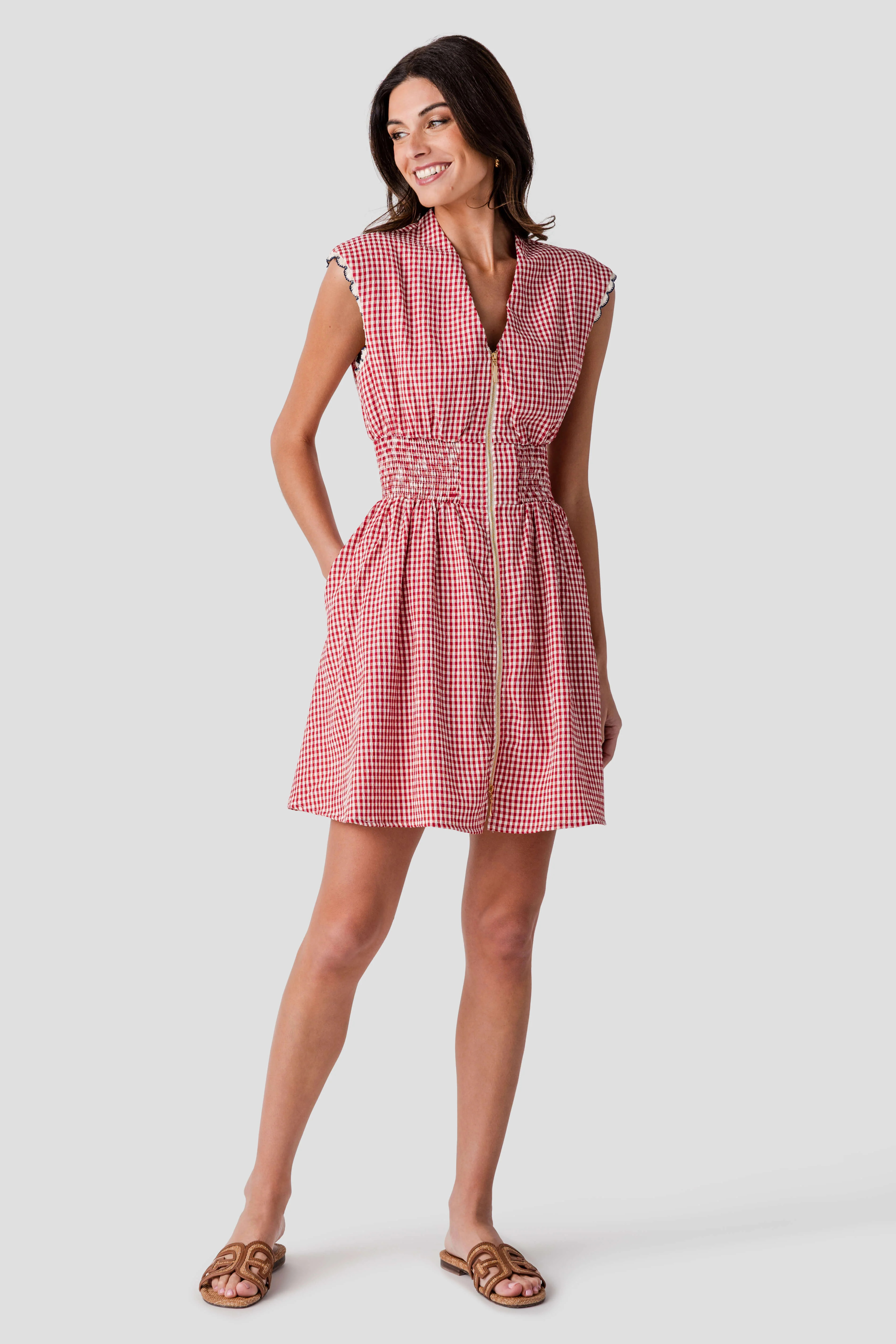 THML Gingham Cinched Waist Zip Mini Dress | Social Threads