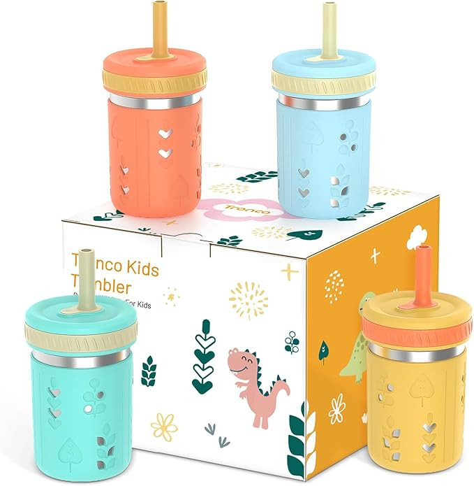 Tronco Stainless Steel Sippy Toddler Cups, 10 oz Mason Jar Kids Smoothie Cups with Silicone Sleev... | Amazon (US)