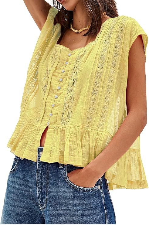 Women’s Tie Front Ruffle Boho Tops Flowy Sheer Short Sleeve Lace Blouse Y2k Embroidered Babydol... | Amazon (US)