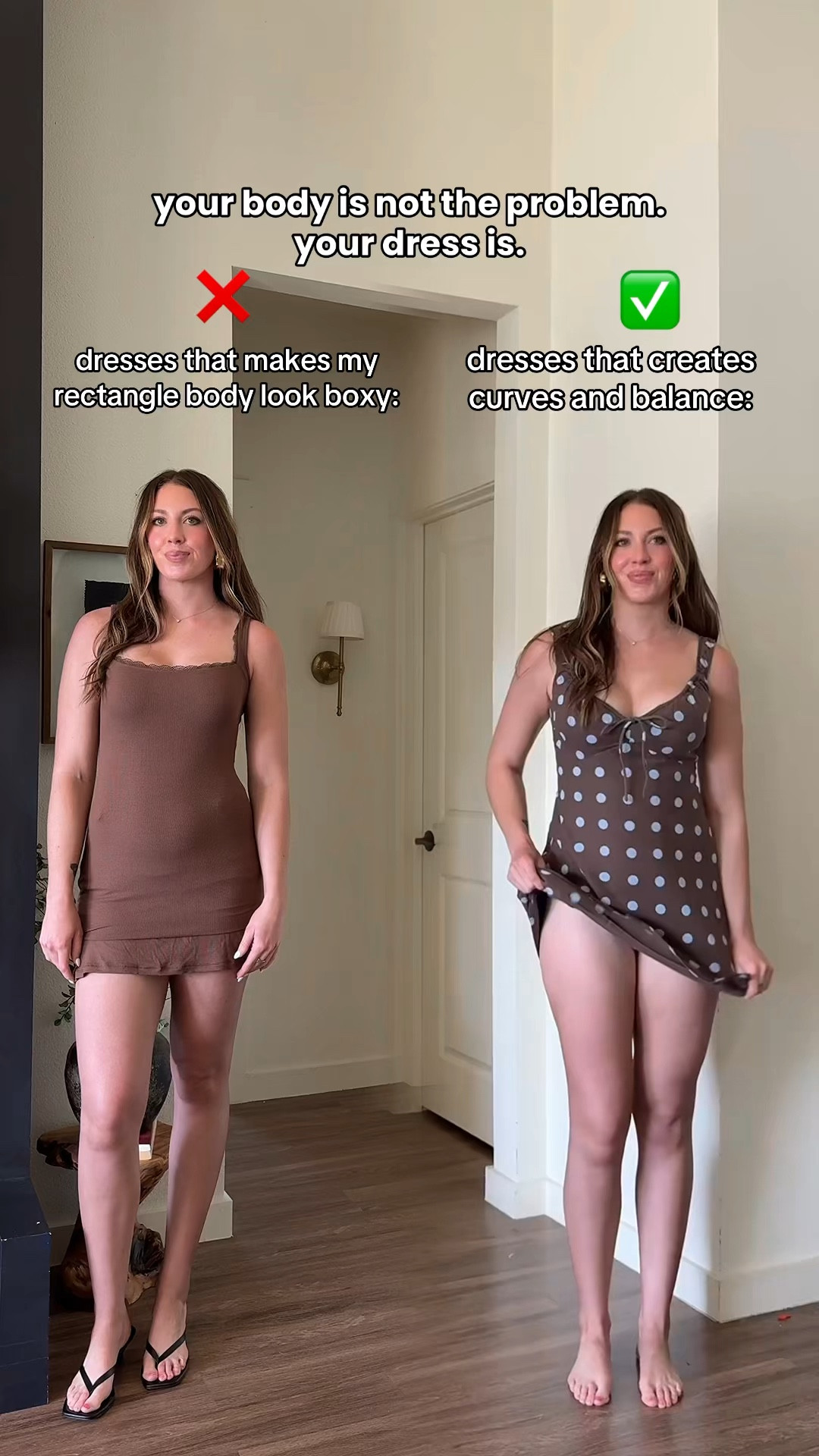 MY RECTANGLE BODY DRESS GUIDE: As a rectangle body type, this is what you should look for when shopping for dresses-Look for anything that breaks up your shape—a little cinch, ruching, or flare. Even small details can create curves and keep it from looking flat.  ￼

I’m a small tall in the polka dot dress & small the all brown also linked some more rectangle body type dress options I’m loving 

#LTKSeasonal #LTKgrwm