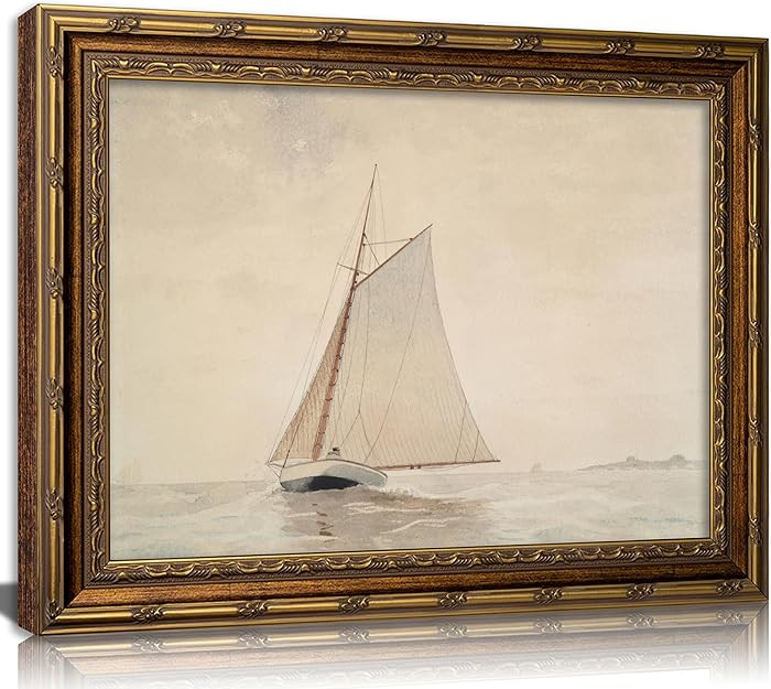 Vintage Gold Framed Sailboat Canvas Wall Art Retro Coastal Neutral Muted Painting Picture Wall De... | Amazon (US)