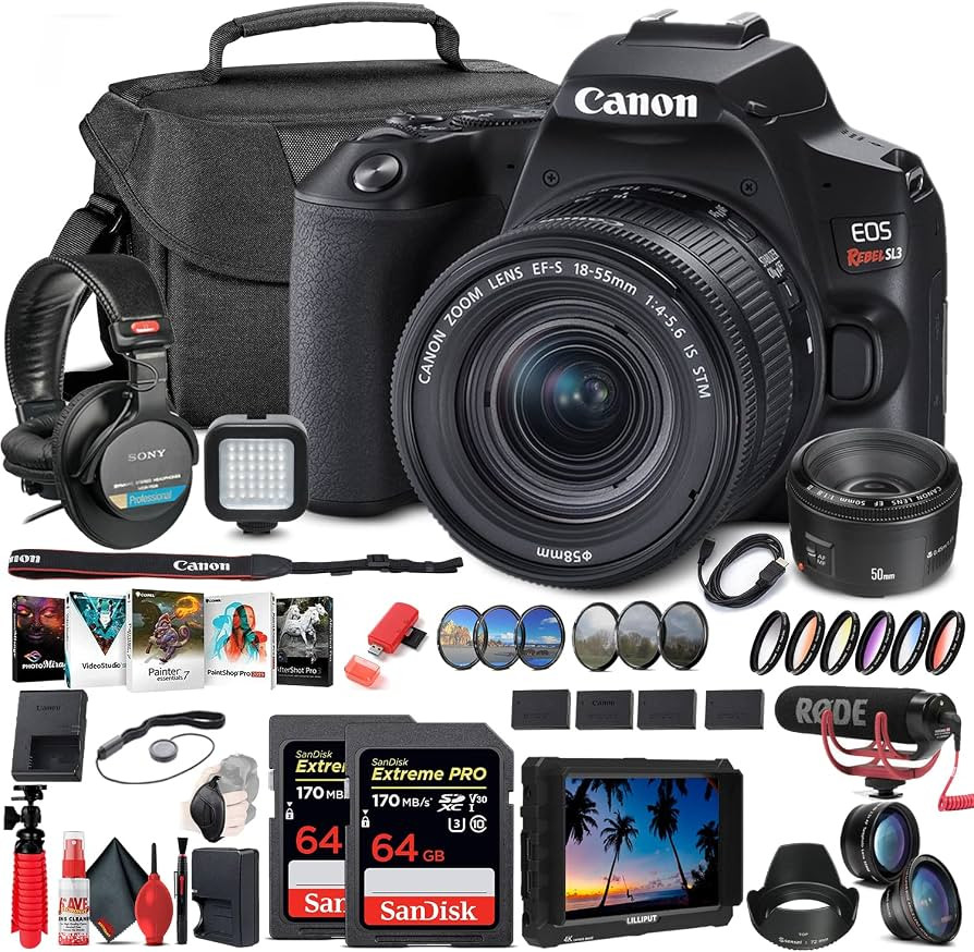 Canon EOS Rebel SL3 DSLR Camera with 18-55mm Lens (Black) (3453C002) + 4K Monitor + Canon EF 50mm... | Amazon (US)