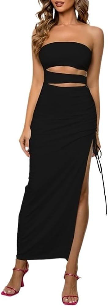 Women's Sexy Strapless Bandeau Tube Split Maxi Dress Cut Out Sleeveless Long Dresses Drawstring T... | Amazon (US)