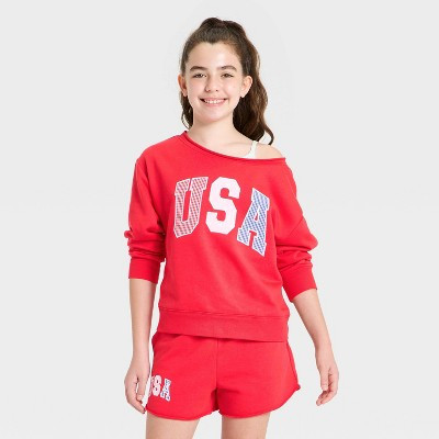 Girls' Off the Shoulder French Terry 4th of July "USA" Graphic Sweatshirt - art class™ Beach Pink (Red) S | Target