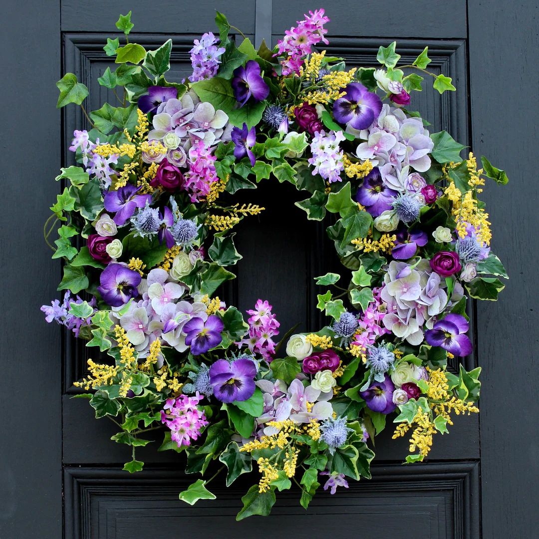 Royal Lavender Hydrangea, Lilac, Purple Pansy, Yellow Astilbe Spring Door Wreath - Etsy | Etsy (US)