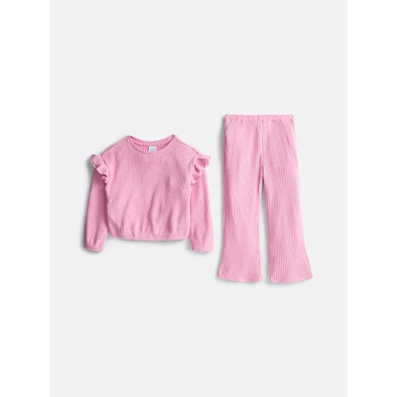 Wonder Nation Toddler Girls' Ribbed Top and Wide Leg Pants Set, 2-Piece, Sizes 12M-5T | Walmart (US)