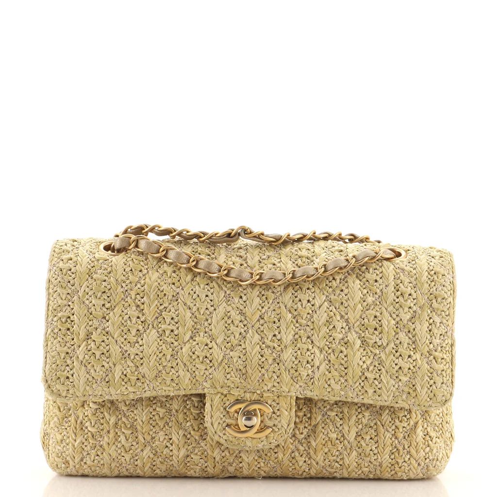 Chanel Paris-Athens Classic Double Flap Bag Quilted Woven Raffia Medium Neutral 12974326 | Rebag