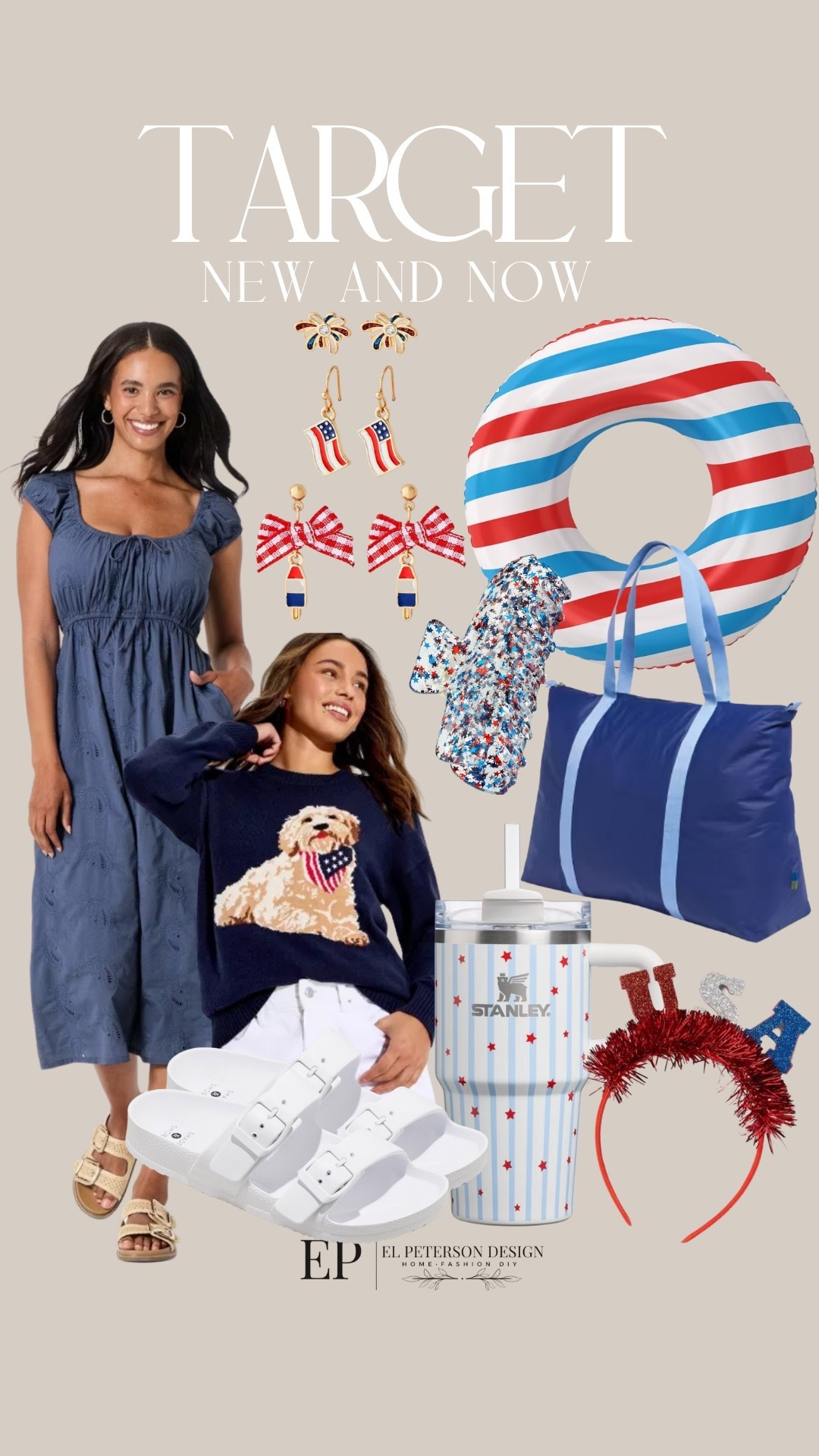 Target 
New and Now
Dress
Sweater
Earrings
Floats 
Can
Stanley cup
Clip
Sandals