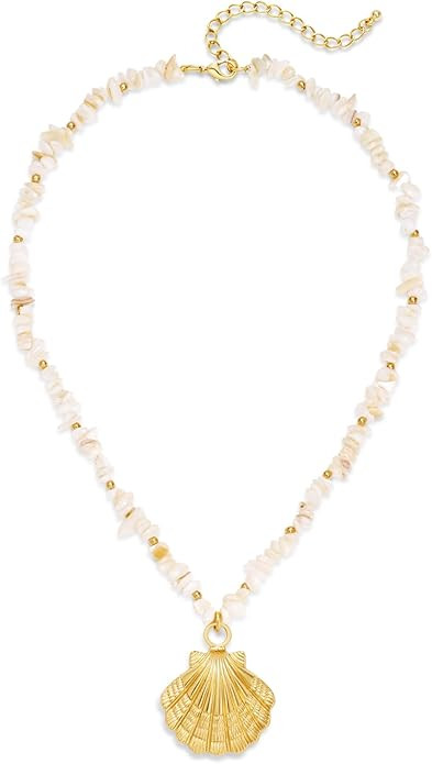 Boho Shell Pendant Necklace for Women Gold Seashell Pendant with Iridescent Shell Beads Summer Be... | Amazon (US)