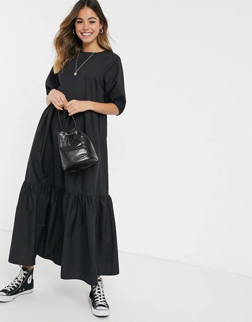 ASOS DESIGN tiered cotton poplin smock midi dress in black | ASOS US