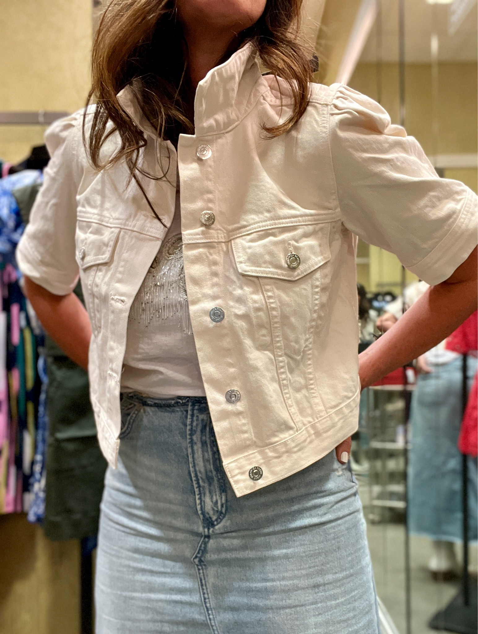 Raina Short Sleeve Denim Jacket in Ecru by Veronica Beard